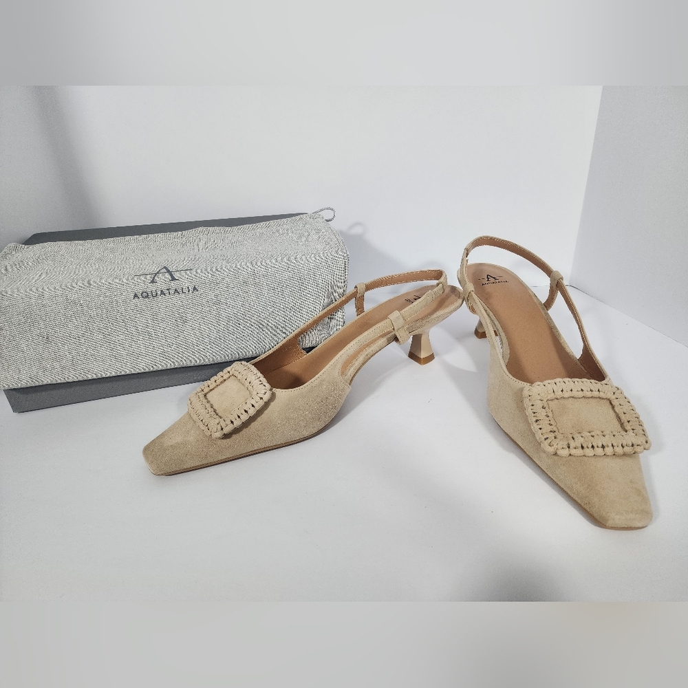 Aquatalia Arabella Dress Suede Slingback Kitten Heels womens 12m Almond Beige